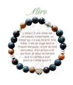 Bracelet en pierres naturelles Mère, brun et argenté, avec breloque cœur et carte à message en français