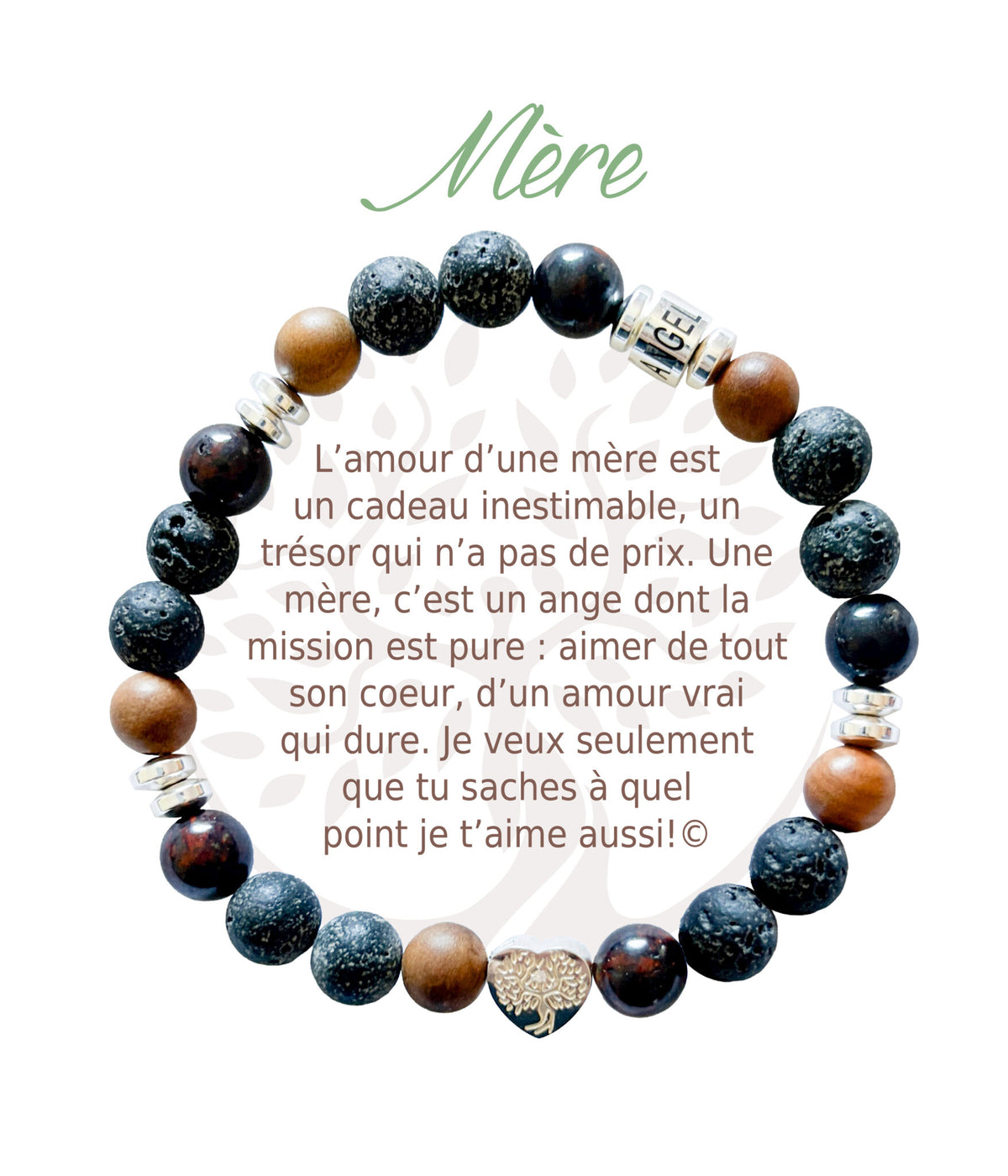 Bracelet en pierres naturelles Mère, brun et argenté, avec breloque cœur et carte à message en français