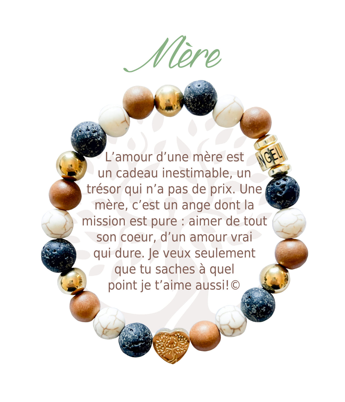 Bracelet en pierres naturelles Mère, brun et doré, avec breloque cœur et carte à message en français