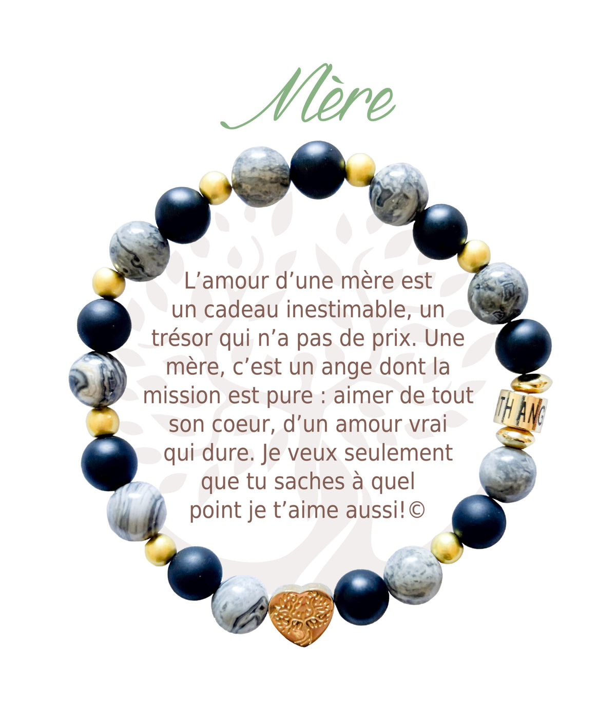 Bracelet en pierres naturelles Mère, gris et doré, avec breloque cœur et carte à message en français
