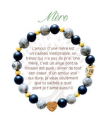 Bracelet en pierres naturelles Mère, gris et doré, avec breloque cœur et carte à message en français