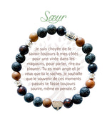 Bracelet en pierres naturelles Sœur, brun et argenté, avec breloque cœur et carte à message en français