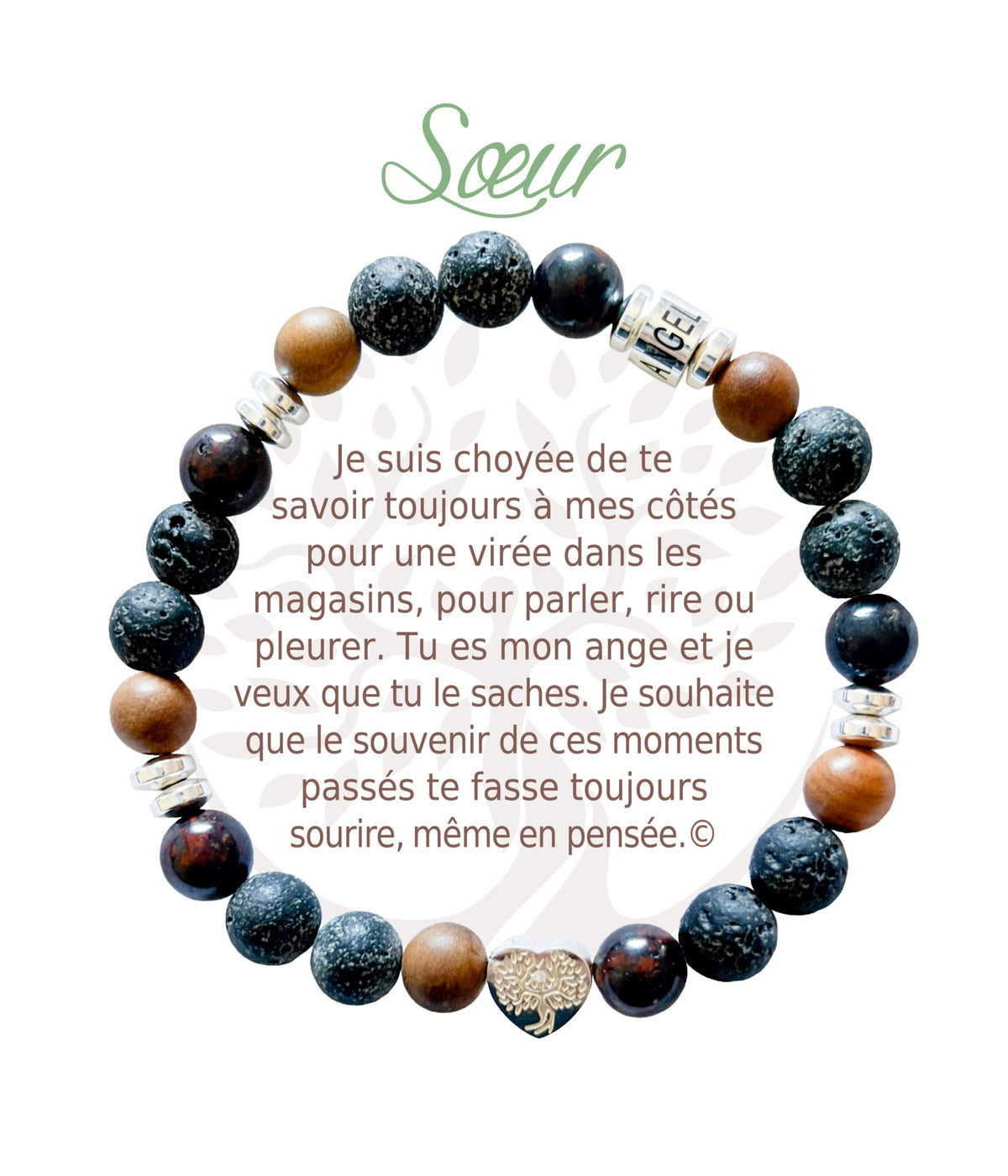 Bracelet en pierres naturelles Sœur, brun et argenté, avec breloque cœur et carte à message en français