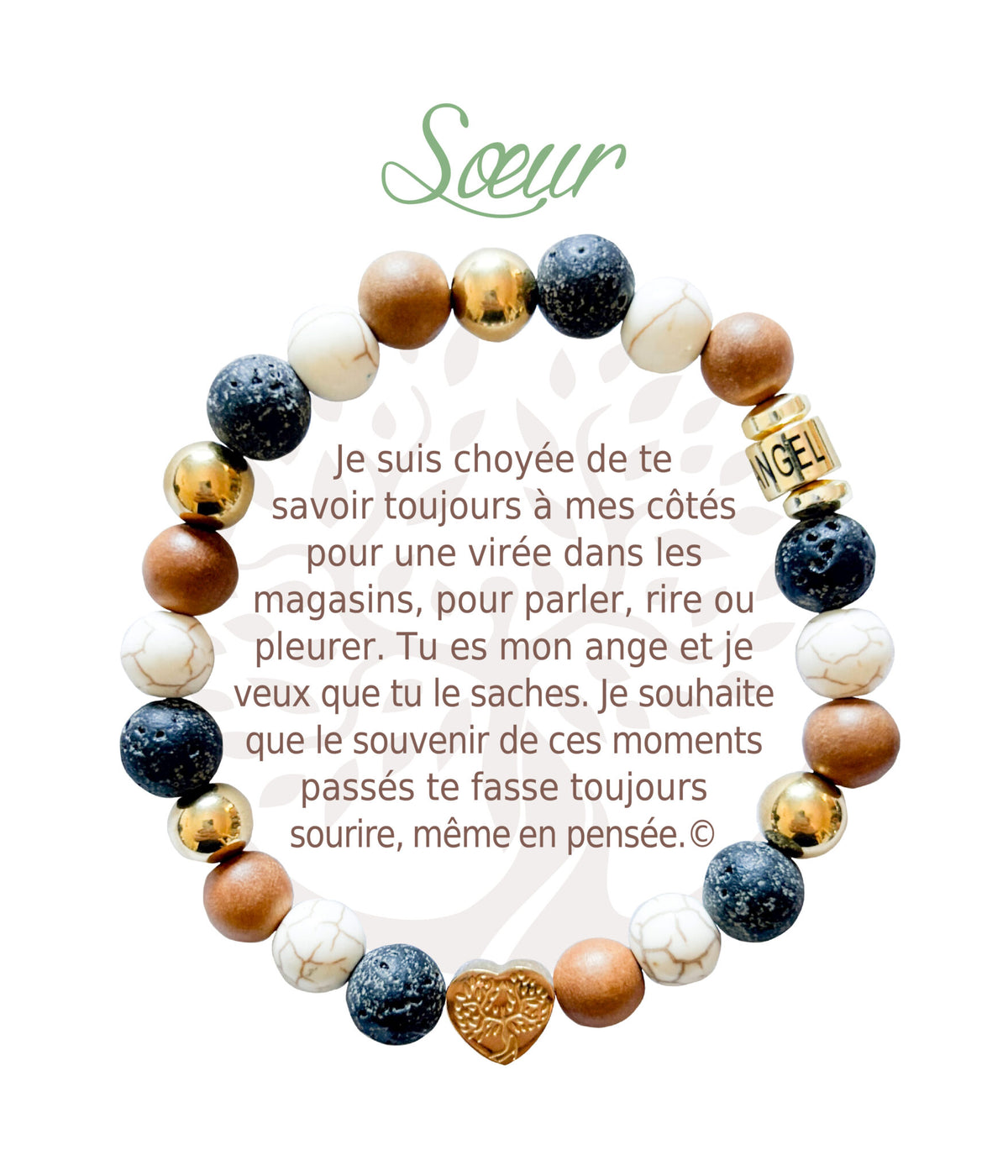 Bracelet en pierres naturelles Sœur, brun et doré, avec breloque cœur et carte à message en français