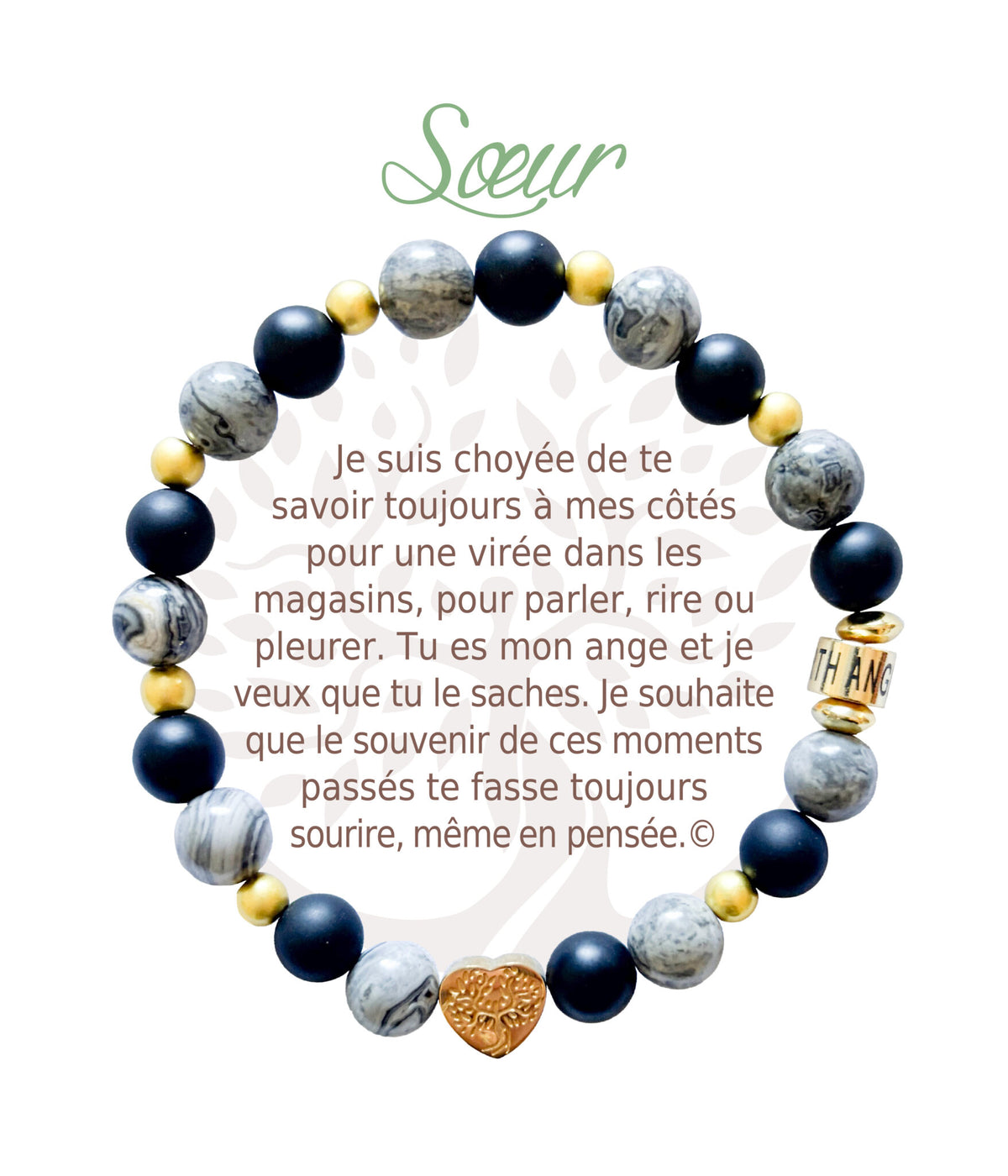 Bracelet en pierres naturelles Sœur, gris et doré, avec breloque cœur et carte à message en français