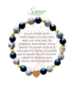 Bracelet en pierres naturelles Sœur, gris et doré, avec breloque cœur et carte à message en français