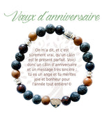 Bracelet en pierres naturelles Vœux d’anniversaire, brun et argenté, avec breloque cœur et carte à message en français