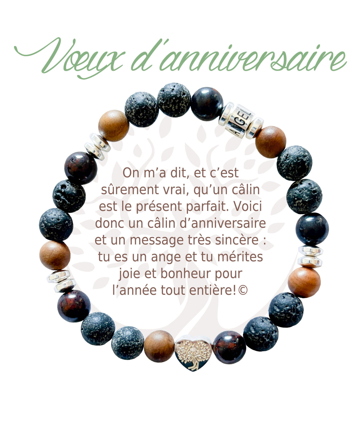 Bracelet en pierres naturelles Vœux d’anniversaire, brun et argenté, avec breloque cœur et carte à message en français