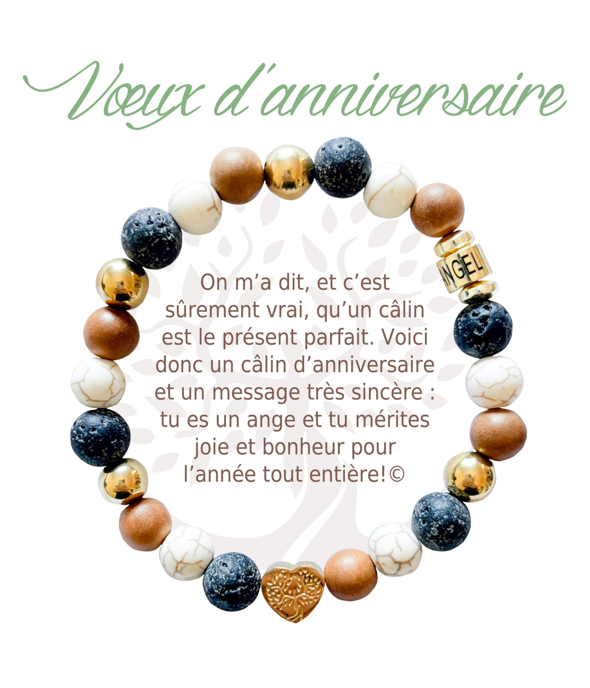 Bracelet en pierres naturelles Vœux d’anniversaire, brun et doré, avec breloque cœur et carte à message en français