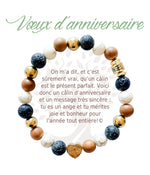 Bracelet en pierres naturelles Vœux d’anniversaire, brun et doré, avec breloque cœur et carte à message en français