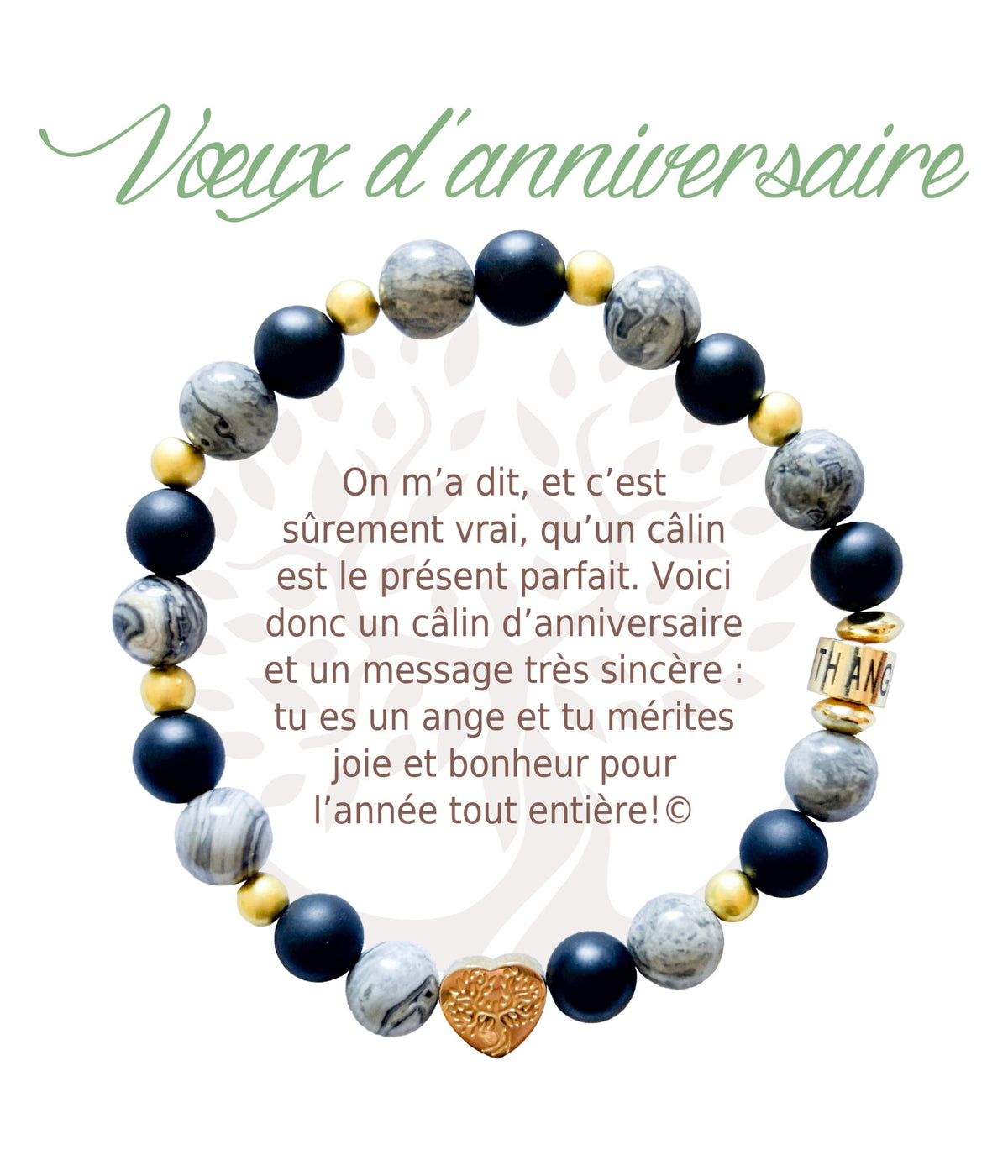 Bracelet en pierres naturelles Vœux d’anniversaire, gris et doré, avec breloque cœur et carte à message en français