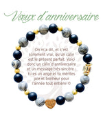 Bracelet en pierres naturelles Vœux d’anniversaire, gris et doré, avec breloque cœur et carte à message en français
