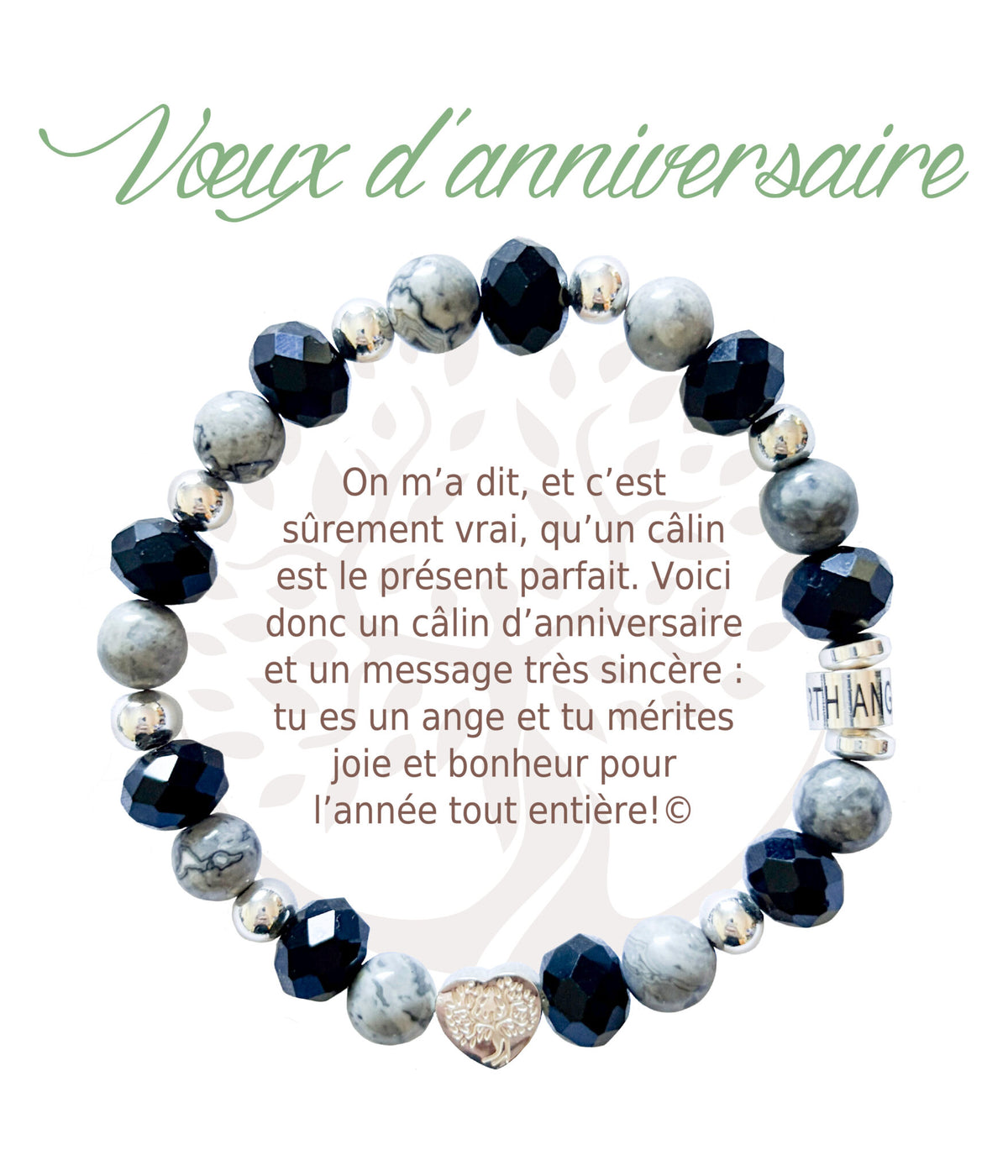 Bracelet en pierres naturelles Vœux d’anniversaire, noir et argenté, avec breloque cœur et carte à message en français