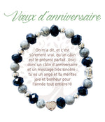 Bracelet en pierres naturelles Vœux d’anniversaire, noir et argenté, avec breloque cœur et carte à message en français
