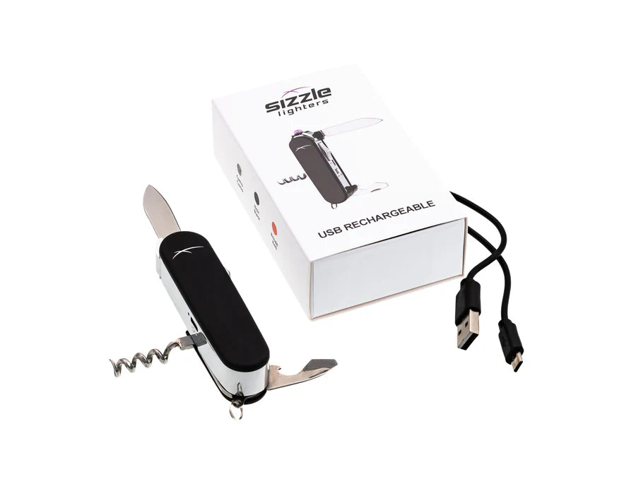 Briquet Sizzle Scout noir avec outils, boîte et câble USB