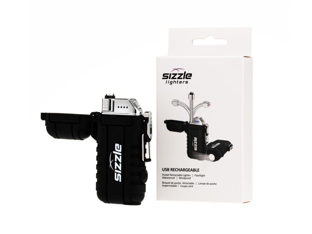 Briquet Sizzle Versa noir présenté avec sa boîte
