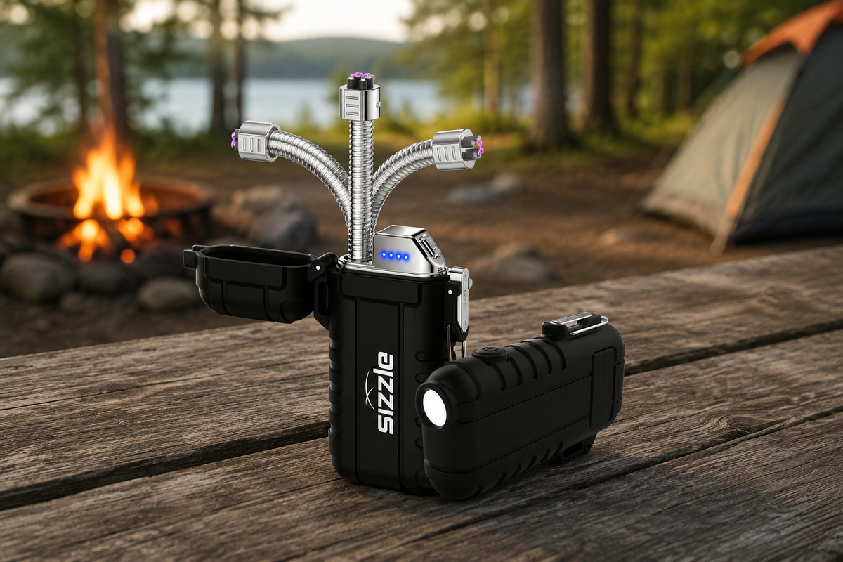 Briquet Sizzle Versa noir présenté sur une table de camping