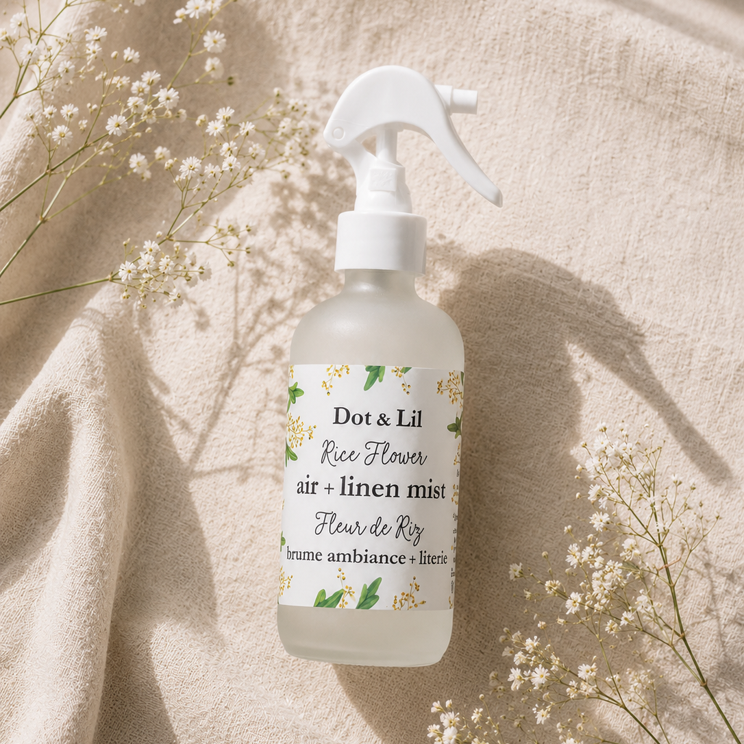 Brume d’ambiance et literie – Fleur de riz – 237 ml de Dot & Lil – présentation du produit
