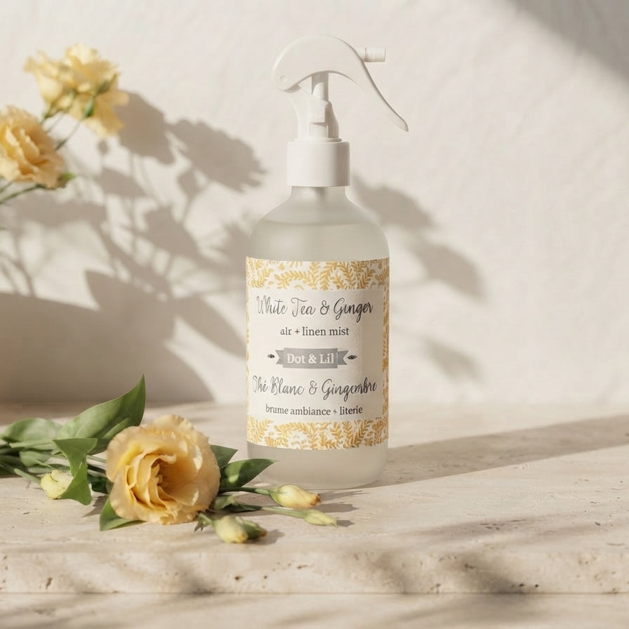 Brume d’ambiance et literie – Thé blanc & gingembre – 237 ml de Dot & Lil