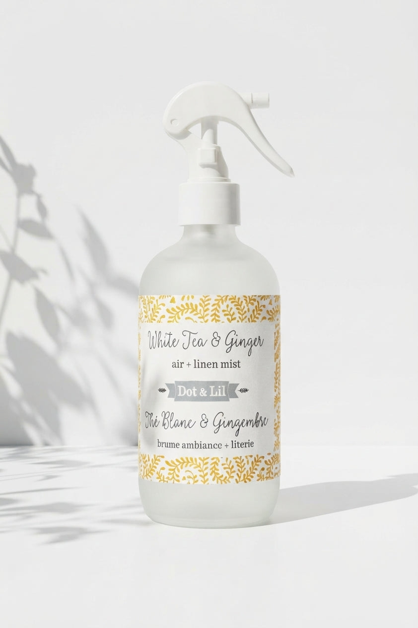 Brume d’ambiance et literie – Thé blanc & gingembre – 237 ml de Dot & Lil – présentation du produit