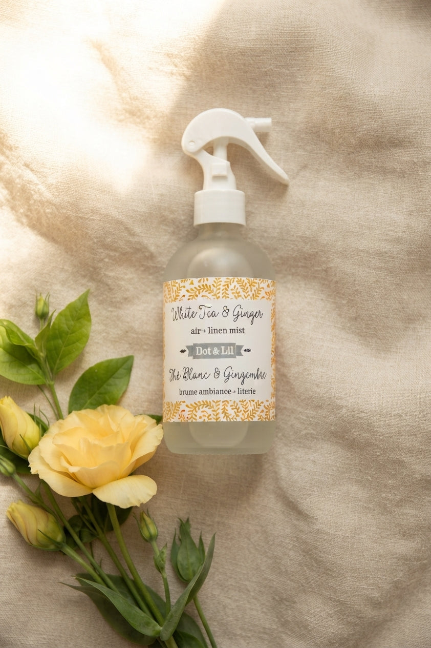 Brume d’ambiance et literie – Thé blanc & gingembre – 237 ml de Dot & Lil – présentation du produit