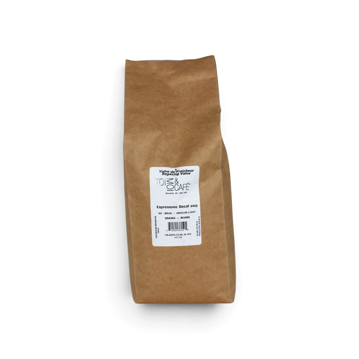 Café en grains Espressone décaféiné de Toi, Moi & Café, sac de 1 kg – Vue avant