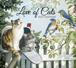 Calendrier mural LANG Love of Cats 2027 : couverture avec des chats et des oiseaux dans un décor de jardin.