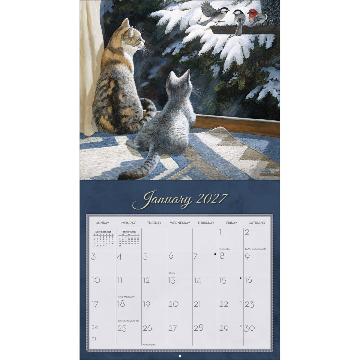 Calendrier mural LANG Love of Cats 2027 : page de janvier 2027 et un chat à la fenêtre.