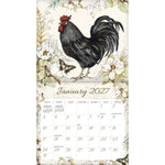 Calendrier mural LANG Proud Rooster 2027 : page de janvier 2027 et un coq noir dans un décor floral.