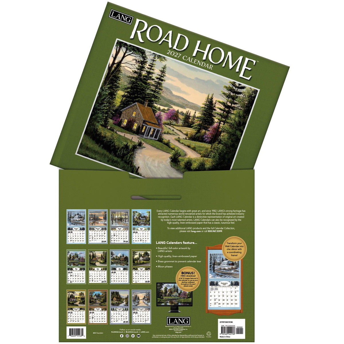 Calendrier mural LANG Road Home 2027 : présentation des illustrations et du dos du calendrier.