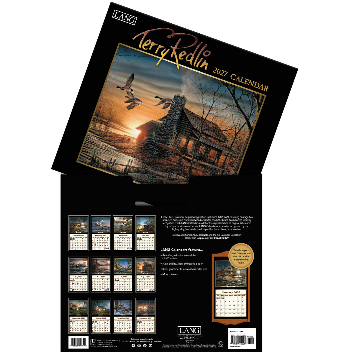 Calendrier mural LANG Terry Redlin 2027 : présentation des illustrations et du dos du calendrier.
