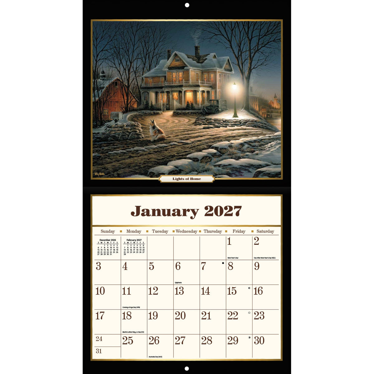 Calendrier mural LANG Terry Redlin 2027 : page de janvier 2027 et une maison éclairée dans la nuit.