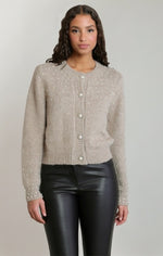 Cardigan à col rond orné Dex, coloris taupe clair chiné, vêtement porté