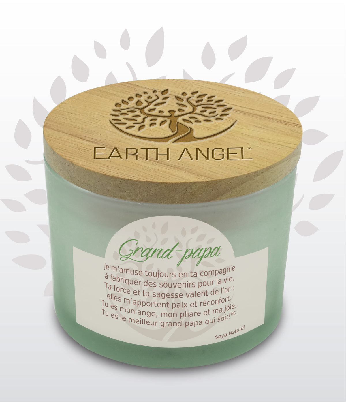 Chandelle Earth Angel Grand-papa dans un pot vert avec message en français et couvercle en bois gravé.