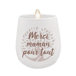 Chandelle InnerVoice portant le message « Merci maman pour tout » en français.