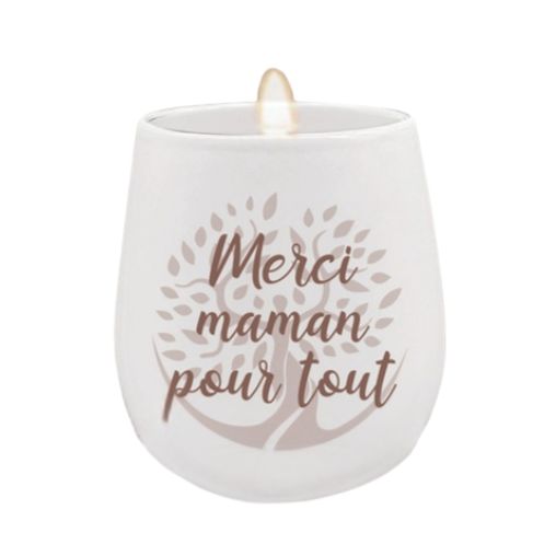 Chandelle InnerVoice portant le message « Merci maman pour tout » en français.