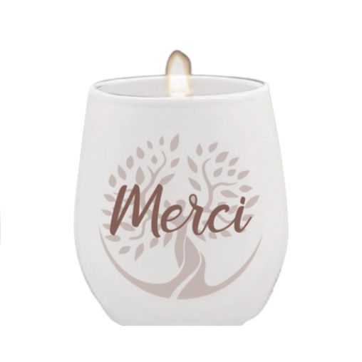Chandelle InnerVoice portant le message « Merci » en français.