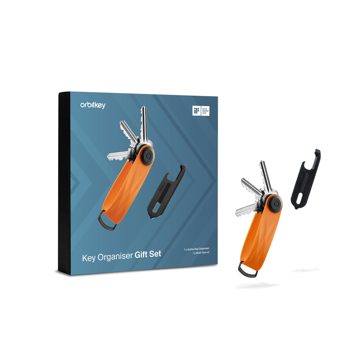 Coffret Active et outil multifonction Orbitkey — organiseur orange et outil noir avec boîte cadeau