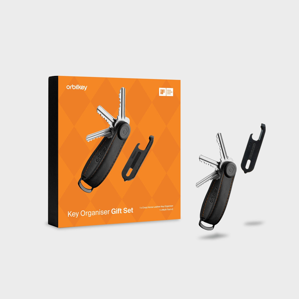 Coffret Crazy Horse et outil multifonction Orbitkey — organiseur noir à surpiqûres orange, outil noir et boîte cadeau