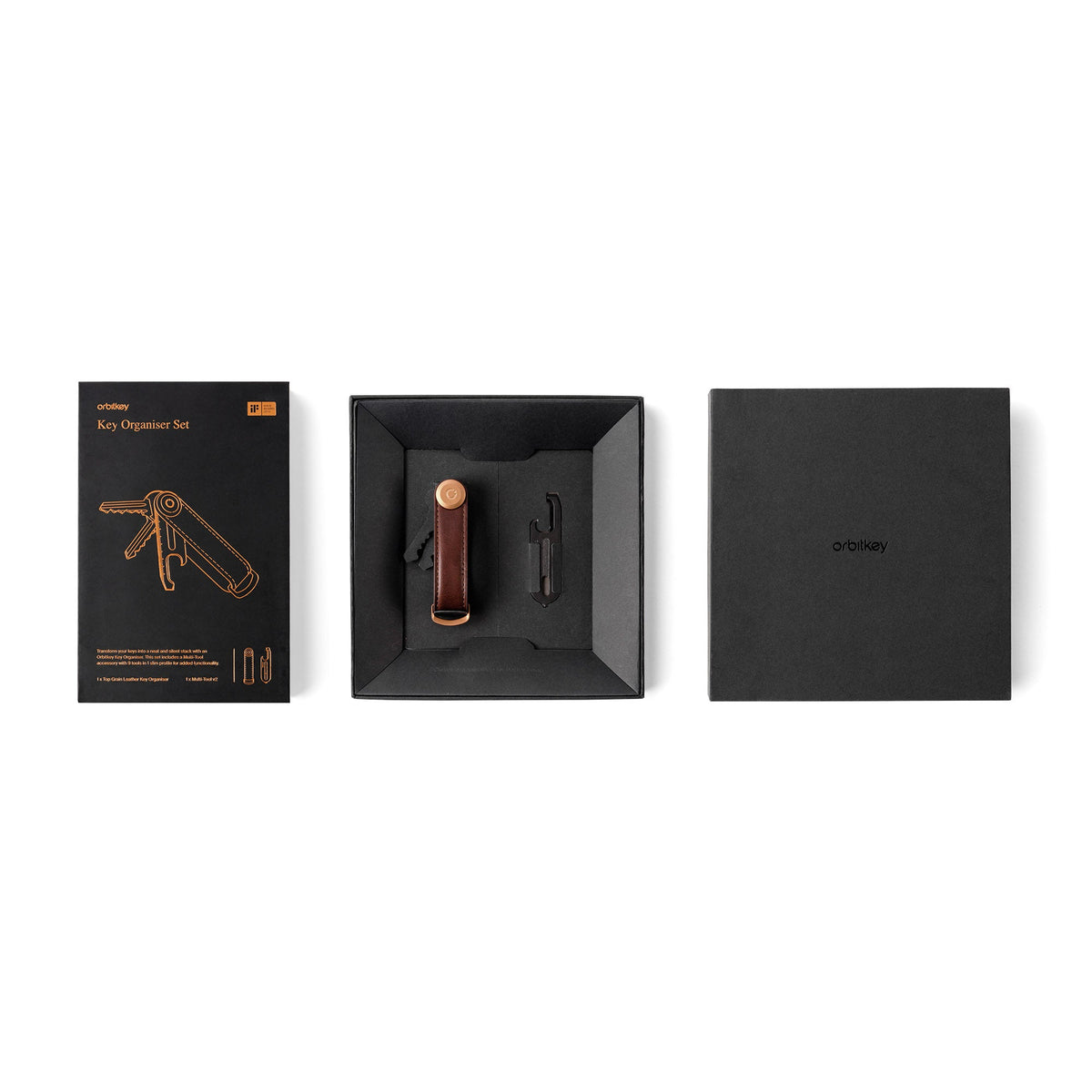 Coffret Crazy Horse et outil multifonction Orbitkey — coffret ouvert avec organiseur brun