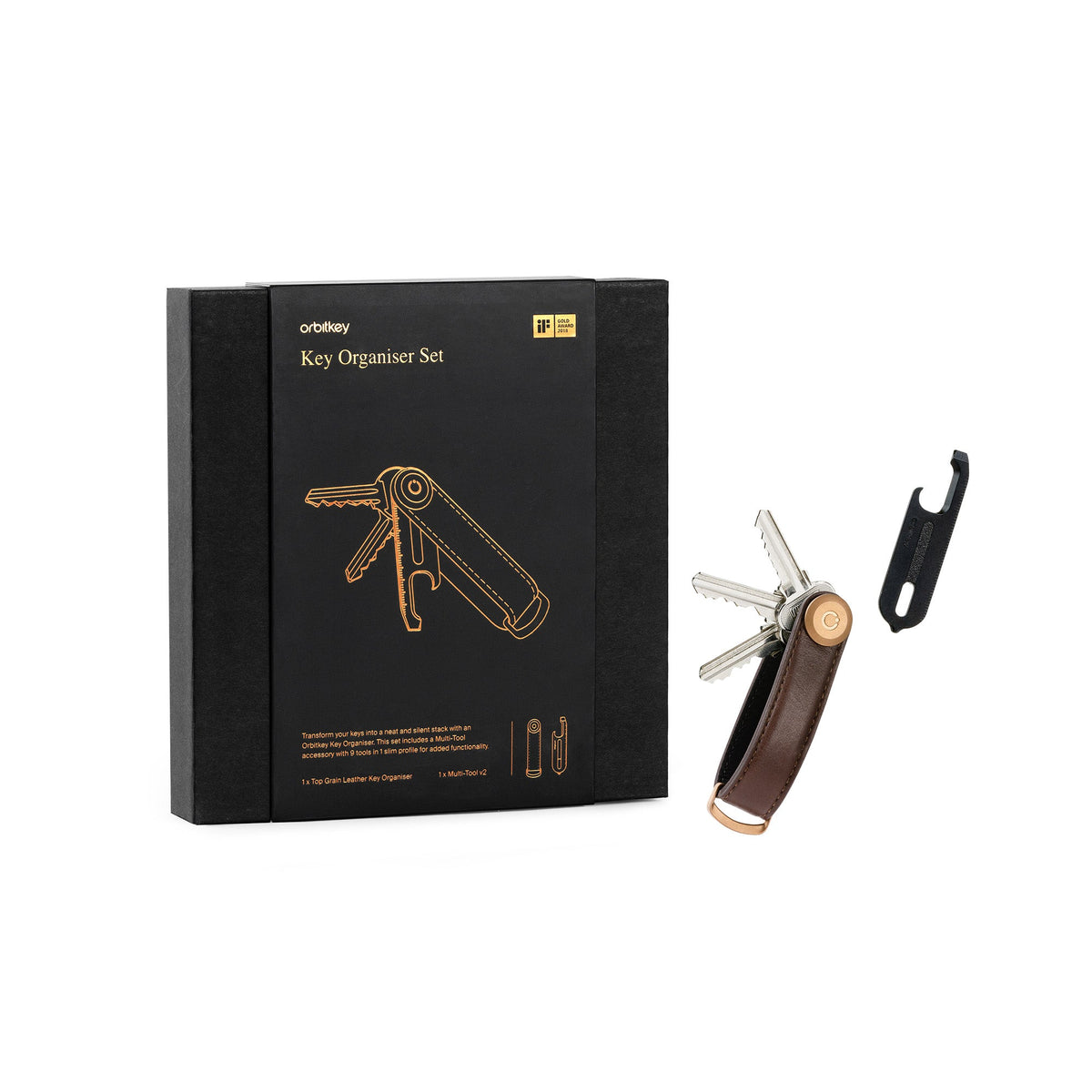 Coffret Crazy Horse et outil multifonction Orbitkey — boîte cadeau et organiseur brun avec outil