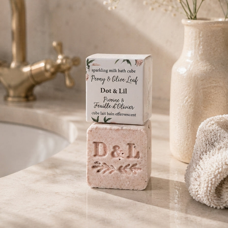 Cube de bain effervescent – Pivoine & feuille d’olivier – 95 g de Dot & Lil