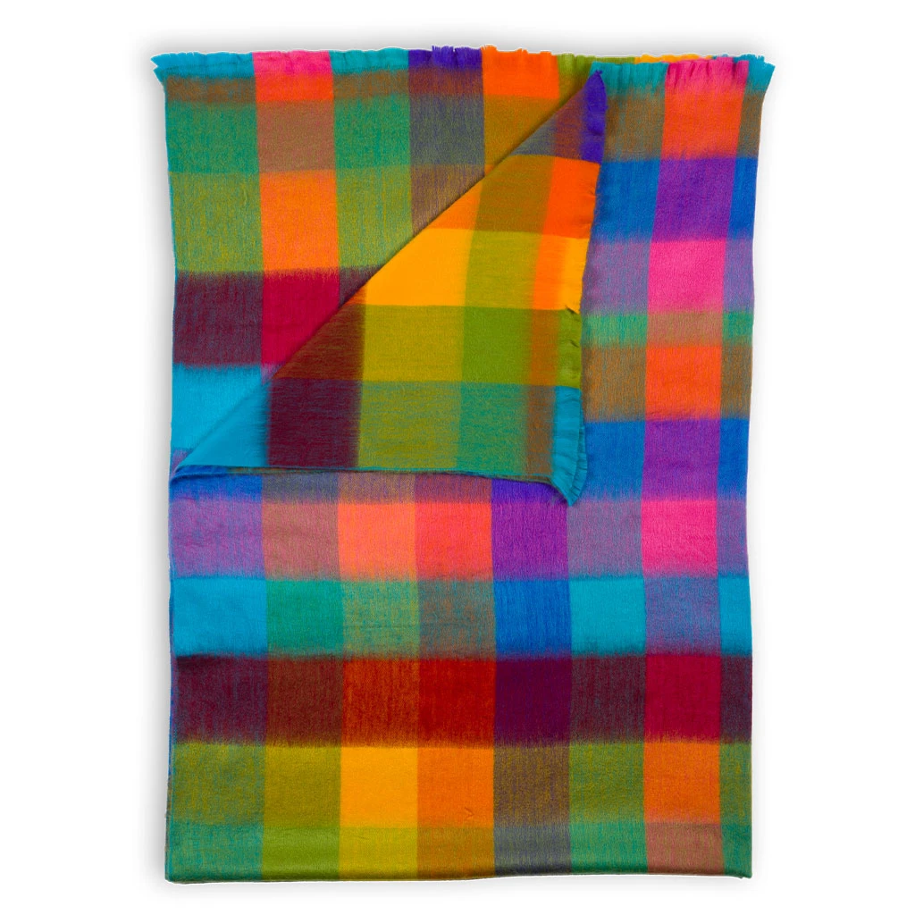 Couverture double à franges en mélange d’alpaga – Carreaux multicolores – Pokoloko