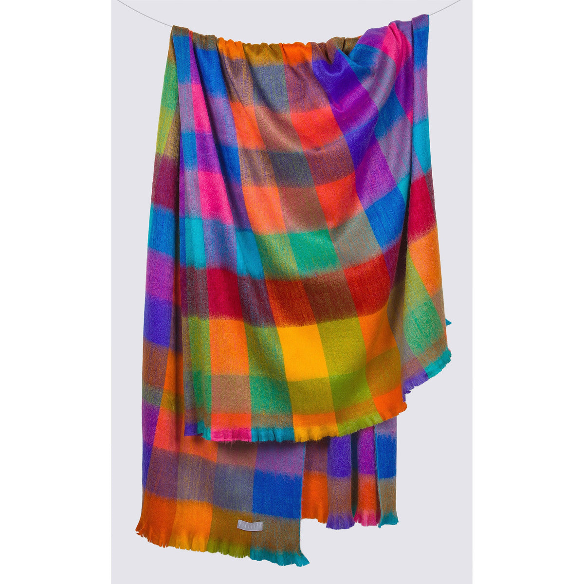 Couverture double à franges en mélange d’alpaga – Carreaux multicolores – Pokoloko