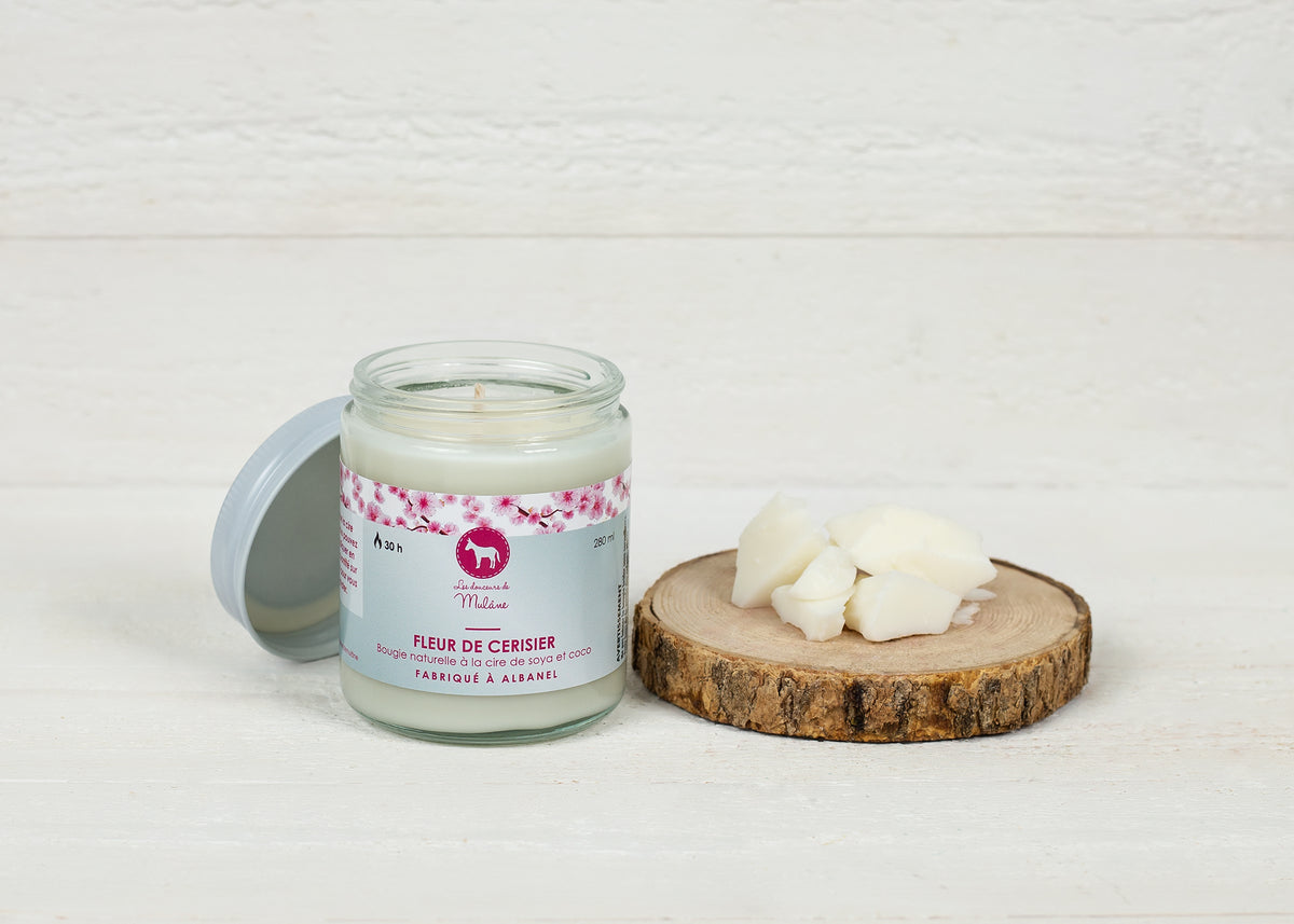 Bougie fleur de cerisier Mulâne dans un pot de verre, avec couvercle et morceaux de cire sur une rondelle de bois