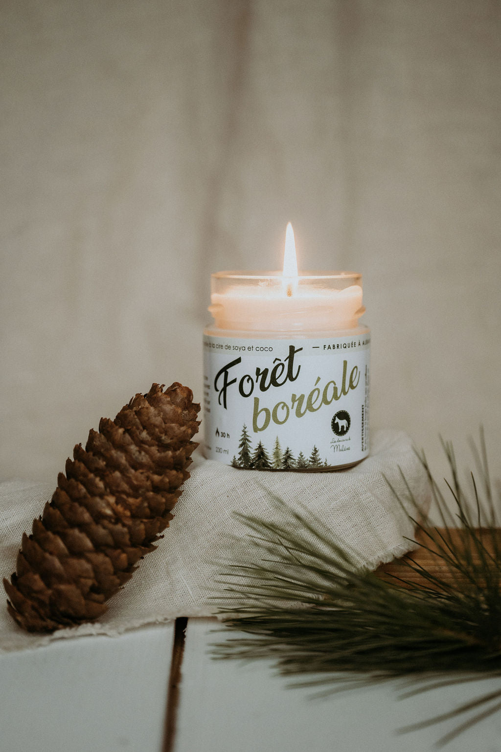 Bougie forêt boréale Mulâne allumée, photographiée avec une pomme de pin et des branches