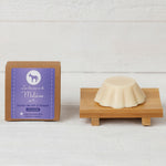 Savon lavande Mulâne en forme de fleur, avec sa boîte mauve