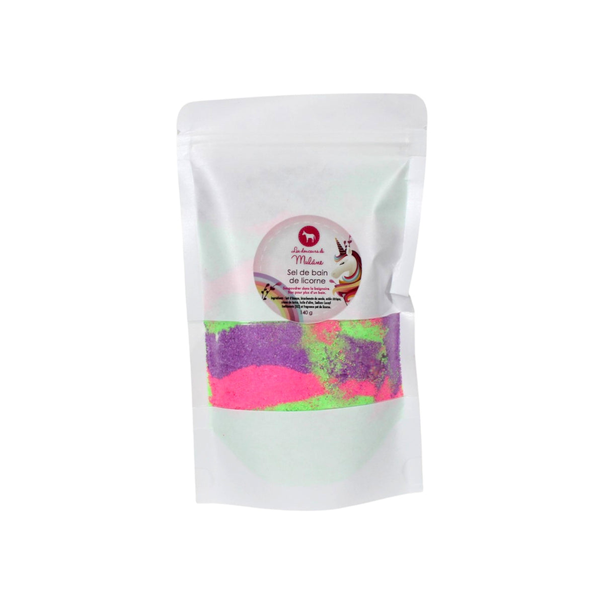 Sachet de sel de bain moussant Licorne Mulâne, avec couches de couleurs visibles