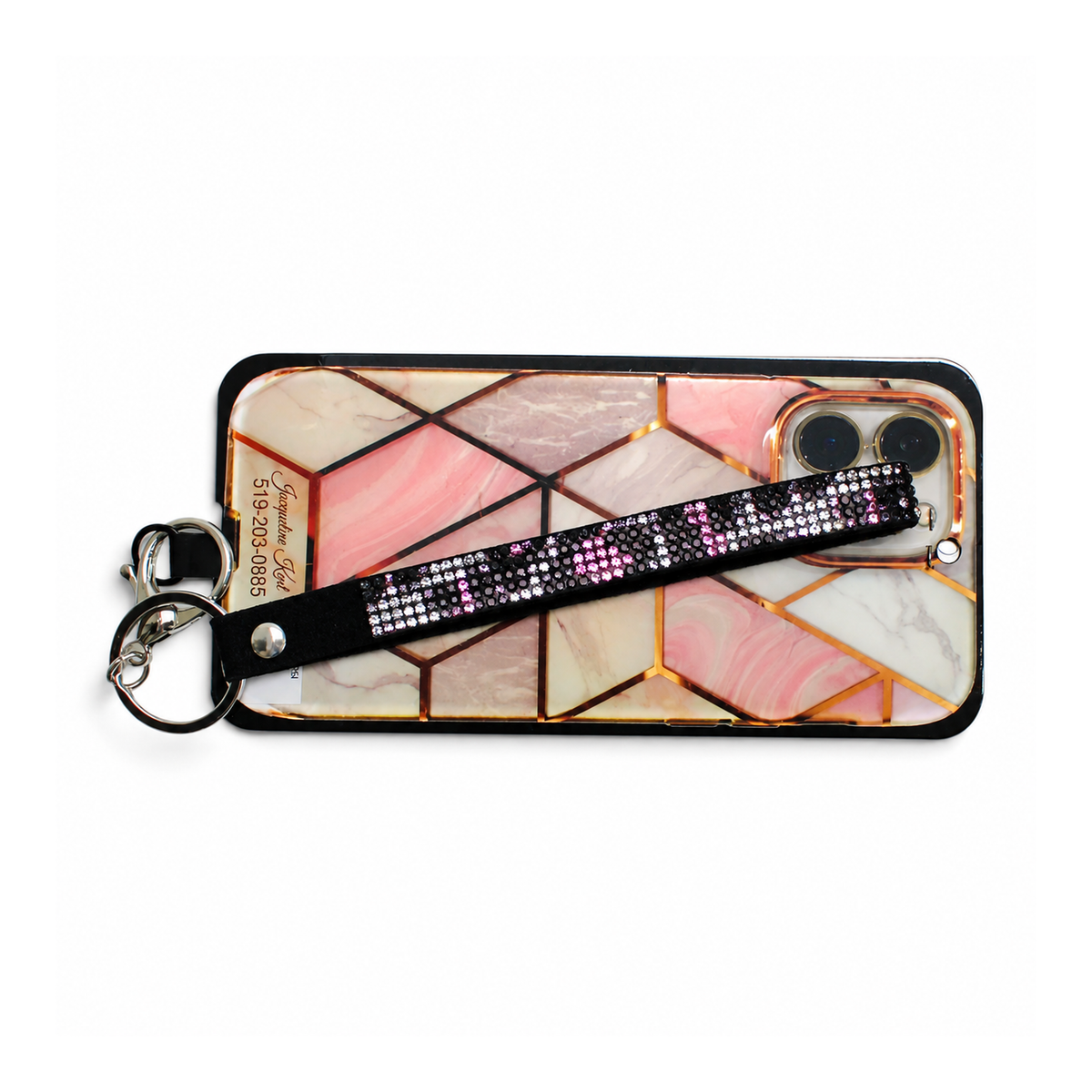 Dragonne de téléphone à cristaux Jacqueline Kent, motif léopard rose, vue avant