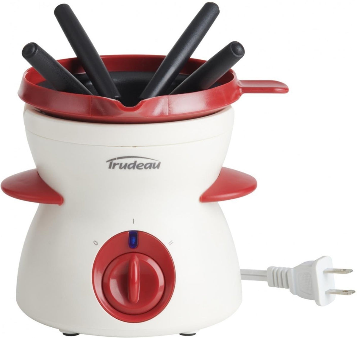 Ensemble à fondue au chocolat électrique Trudeau blanc et rouge avec quatre fourchettes